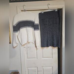 White and Dark Knitted Striped Sweater and Skirt Set